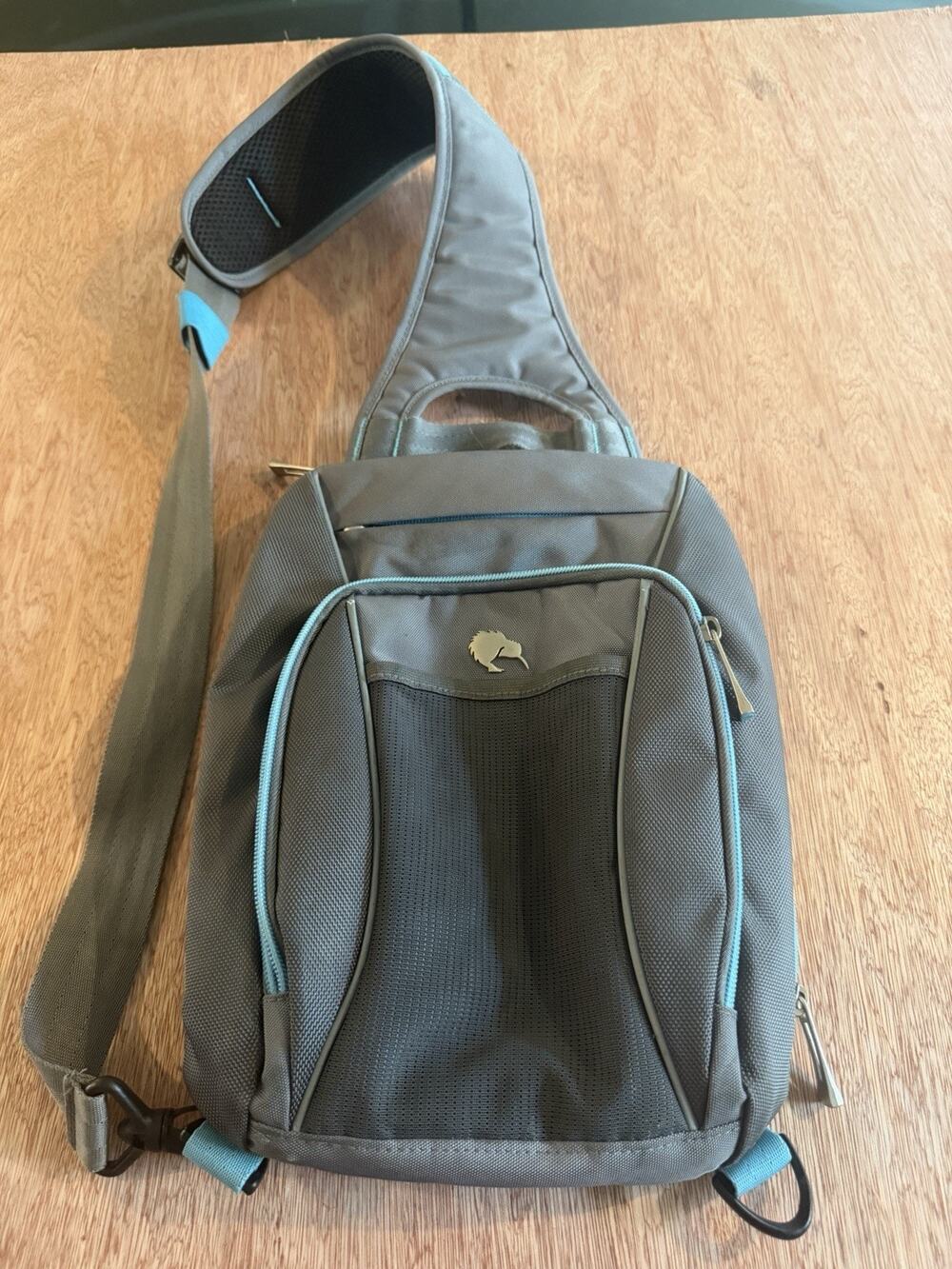 Crossbody Sling Backpack Gray/Blue Polyester Canvas Zip 15x9x4 Padded insulated